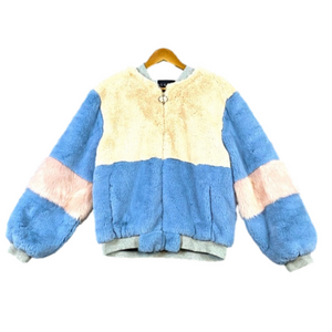 Shaci‎ Faux Fur Full Zip Bomber Jacket Blue Cream Pink Colorblock Size 3X NWOT